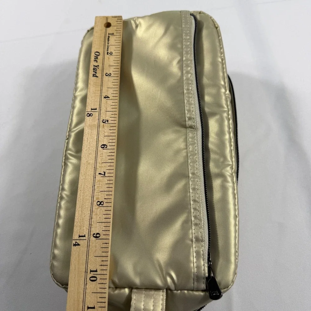 Lug Quilted Cosmetic Bag Metallic Champagne Gold Floral Lining Travel Pouch